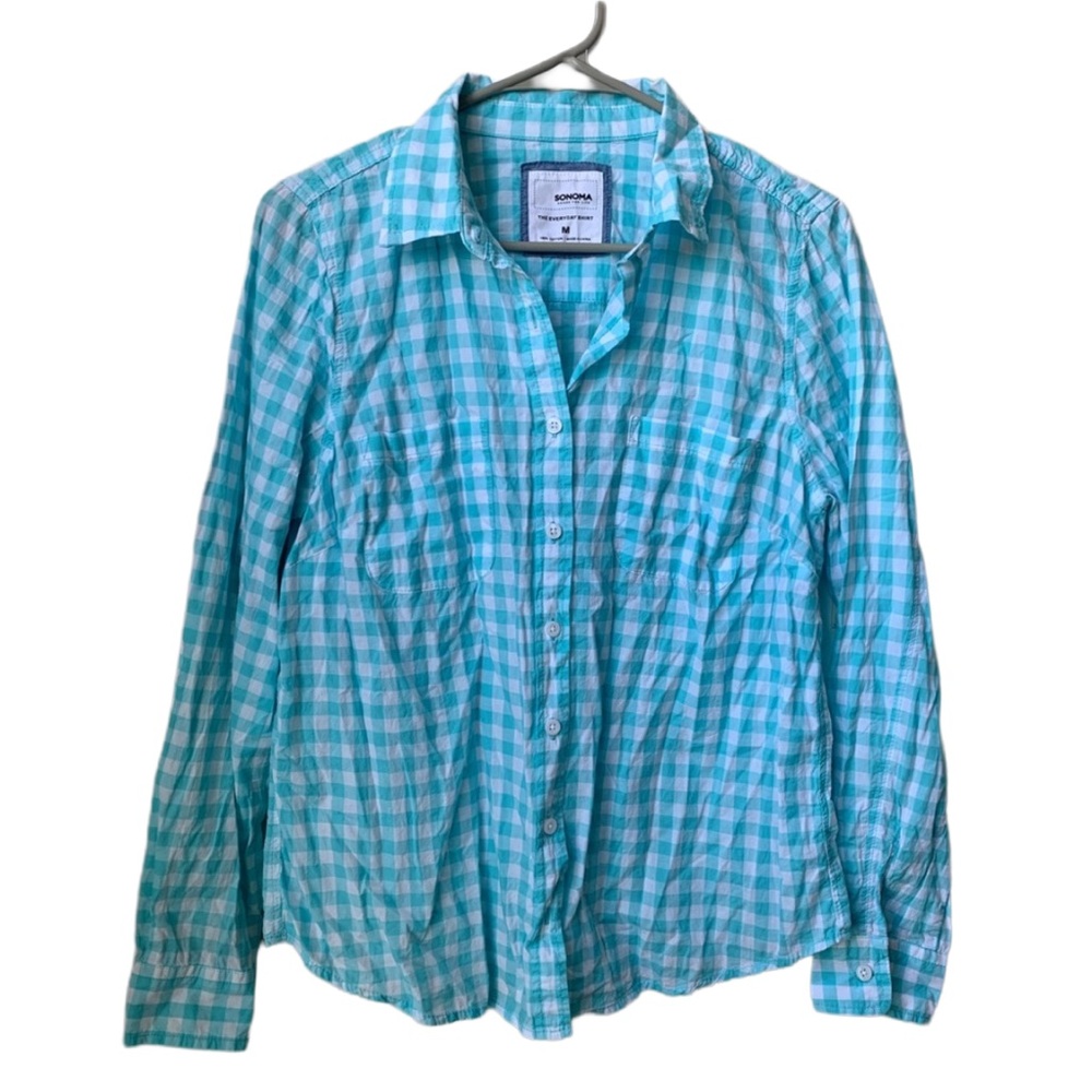 SONOMA Women’s Blue White Check Long Sleeve Cotton Button Up Shirt